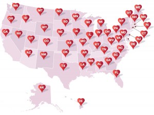 USA map with hearts